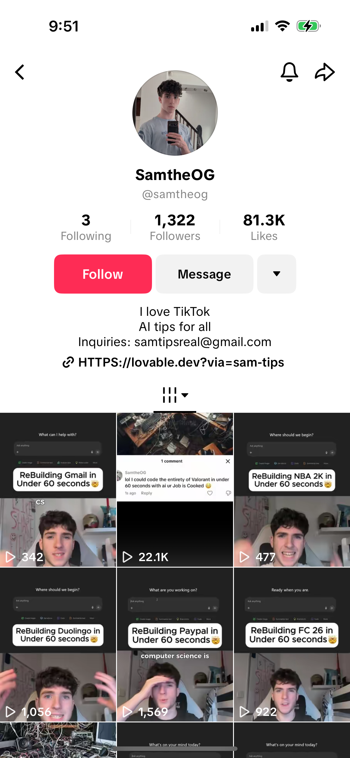 Sam's TikTok page
